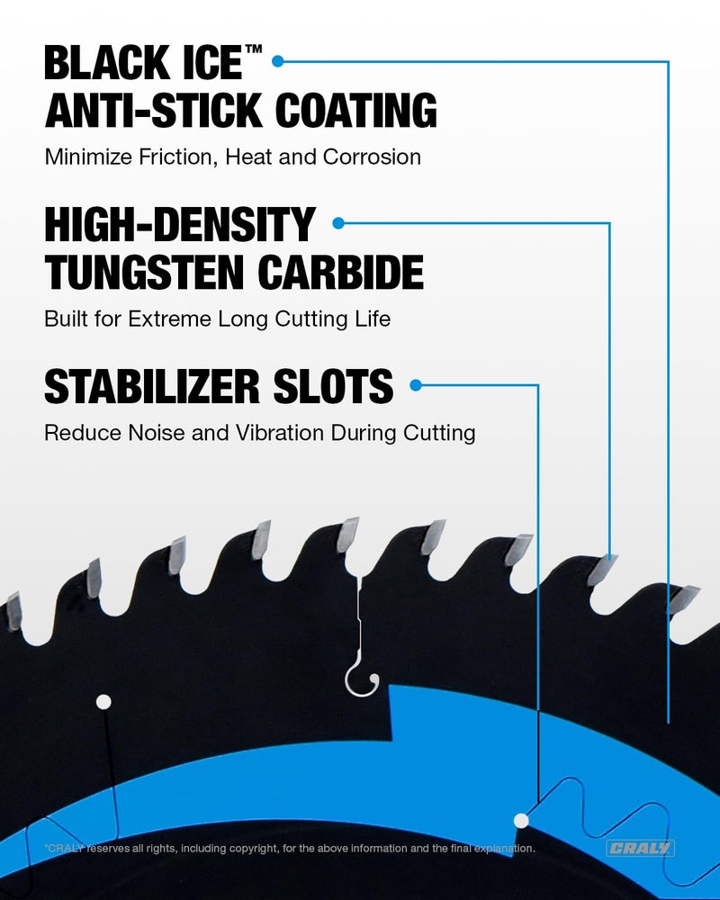 CRALY 10 Inch 60 Teeth Fine Finish Wood Cutting Circular Saw Blade, 5/8 Inch Arbor, Carbide Tipped, Thin Kerf, Black Ice Coating, for Wood Cutting Table Saw, Miter Saw(C1060FF) - Image 3
